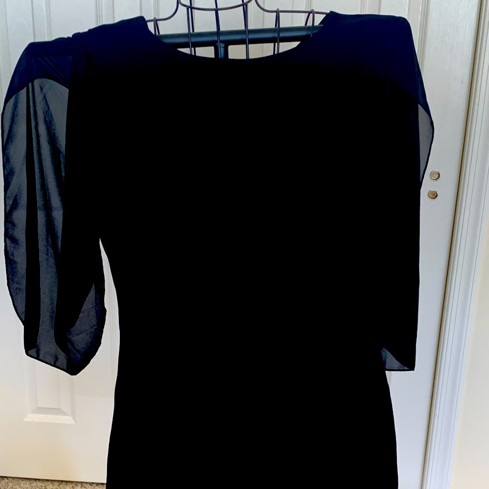 Black dress with sheer above-elbow elbow.